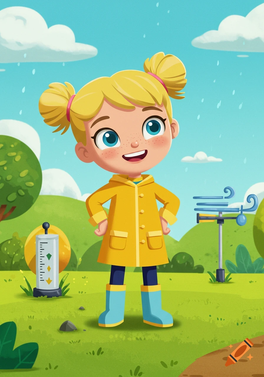 A cheerful cartoon girl with blonde pigtails, wearing a yellow raincoat and blue boots, stands in a grassy field with weather instruments as it lightly rains.
