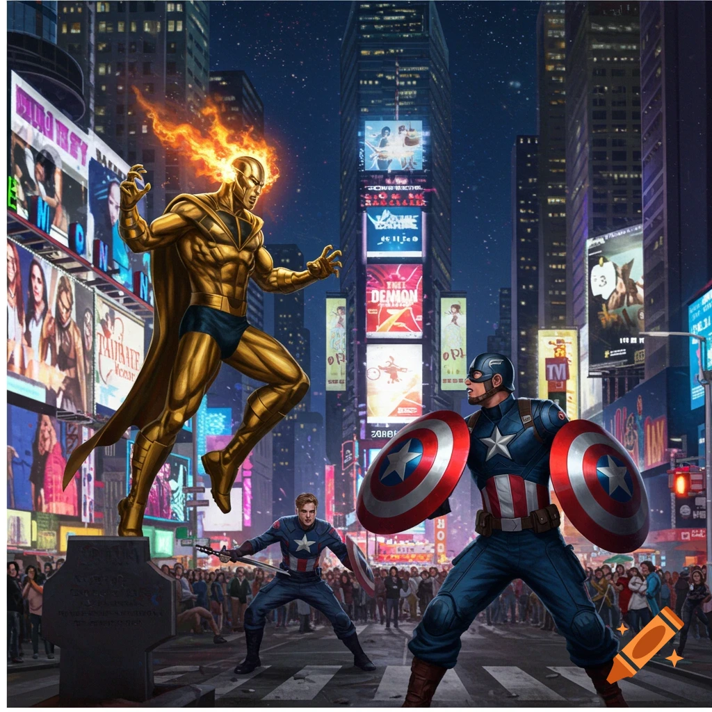 Comic book style illustration of Sentry, aflame and hovering, fighting Captain America, John Walker, and Captain Carter in a neon-lit Times Square at night.