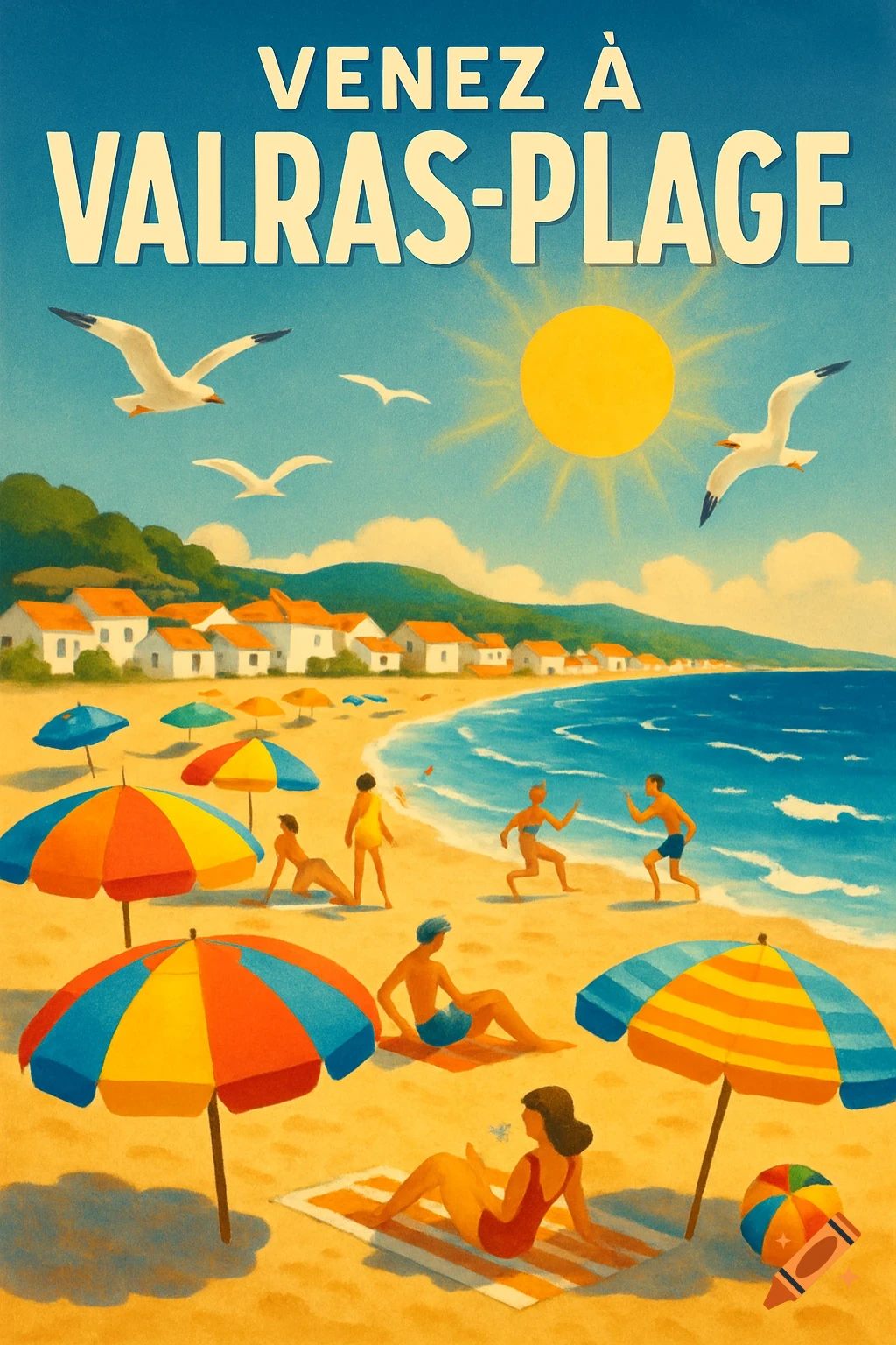 A vintage travel poster for Valras-Plage featuring a sunny beach, people, colorful umbrellas, seagulls, and clear blue water.