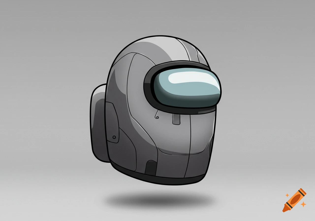 A gray Among Us character with a sleek, futuristic helmet design, floats above a gray background with a shadow.