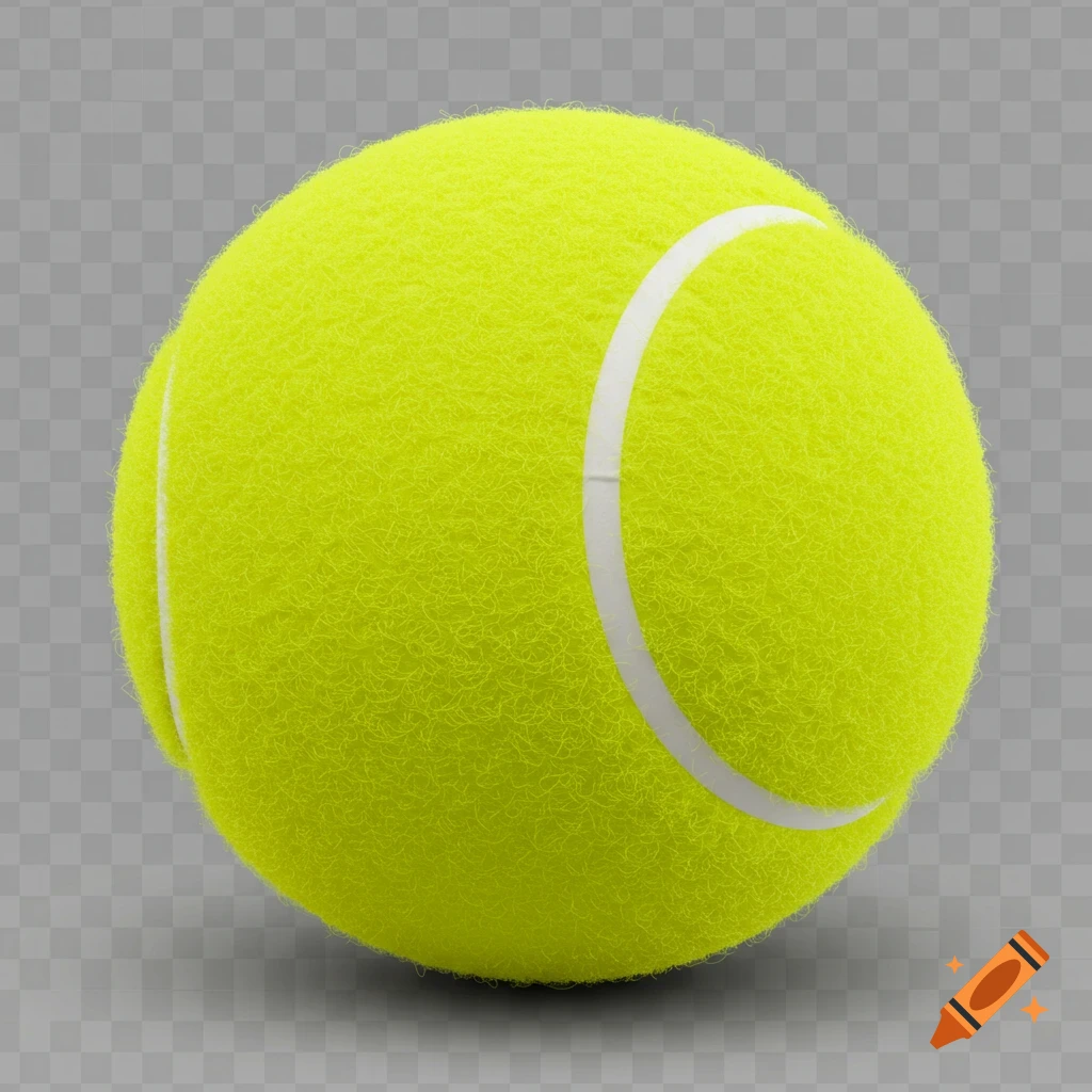 A close-up, photorealistic neon yellow tennis ball with white seams, casting a slight shadow on a transparent background.