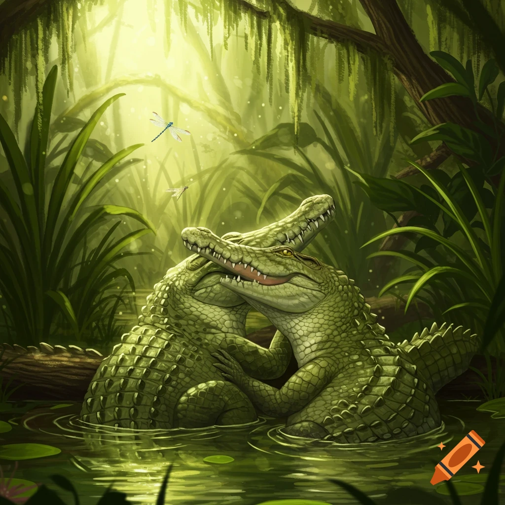 Stylized illustration of two green crocodiles embracing affectionately in a lush, sunlit swamp with dragonflies.
