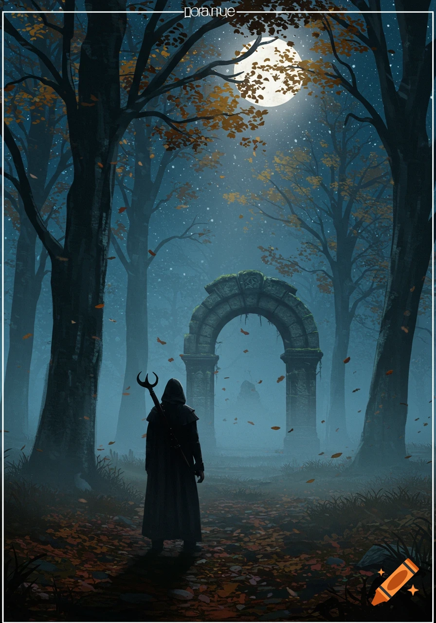 A hooded figure with a staff stands in a moonlit, misty forest, facing an ancient stone archway. Falling leaves add to the autumnal, mysterious atmosphere.