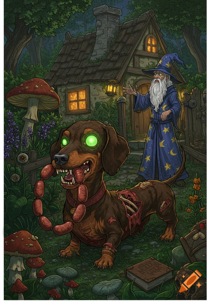 A cartoon zombie dachshund with glowing eyes and exposed ribs holds sausages in its mouth, standing before a wizard and a whimsical cottage at dusk.