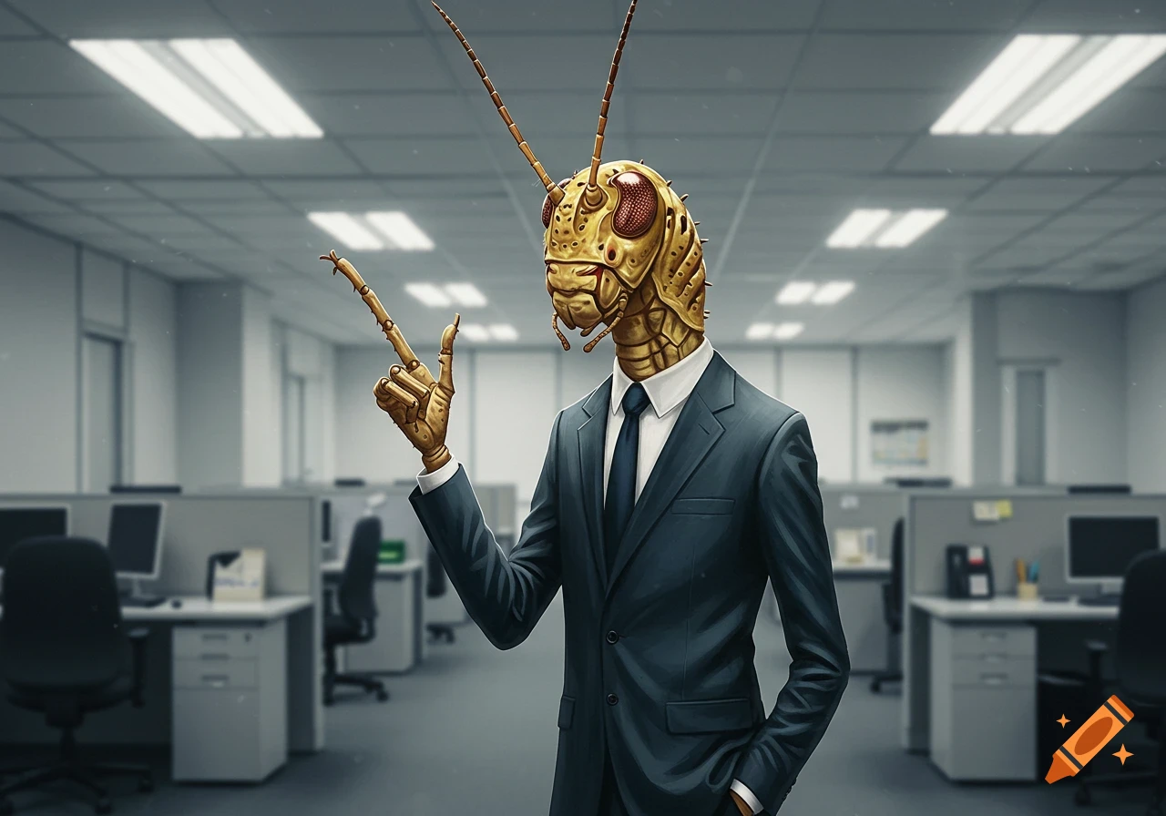 A grasshopper-headed man in a suit points in an office.