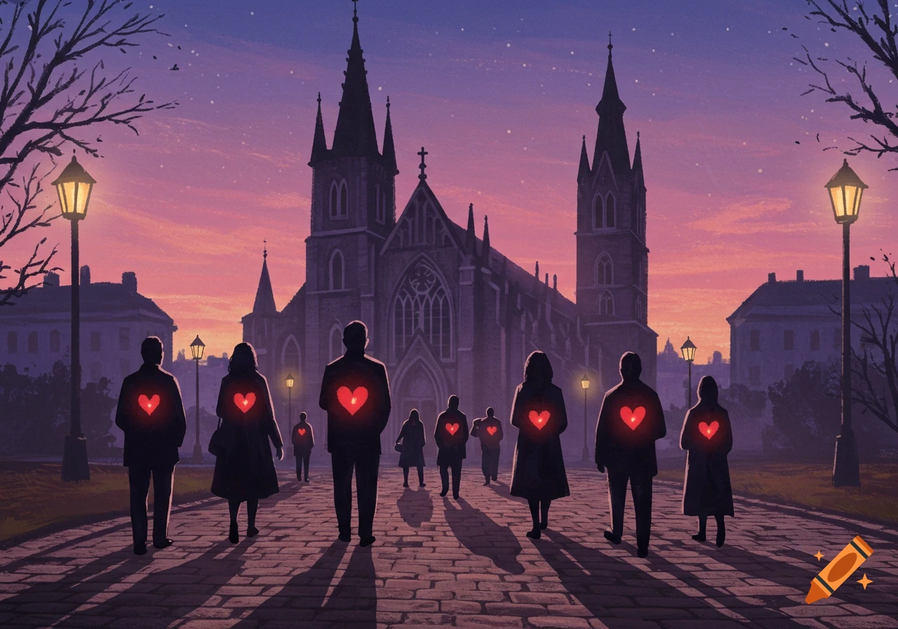 Illustrative painting of silhouetted people walking away from a large church at dusk, each with a glowing red heart on their back.