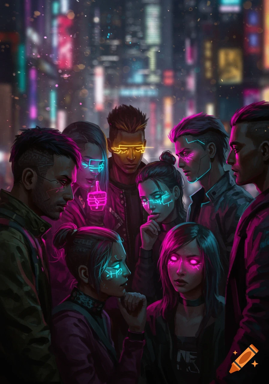 A group of people with glowing neon markings on their faces and clothing stand in a futuristic cyberpunk city.