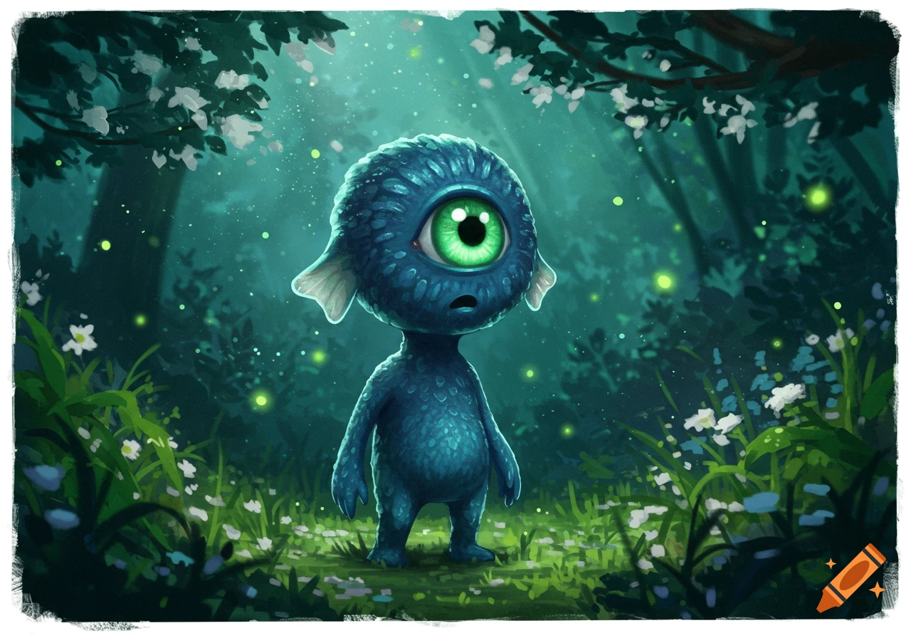 A cute, small blue cyclops creature with a large green eye stands in a magical forest filled with fireflies and white flowers, digital art.