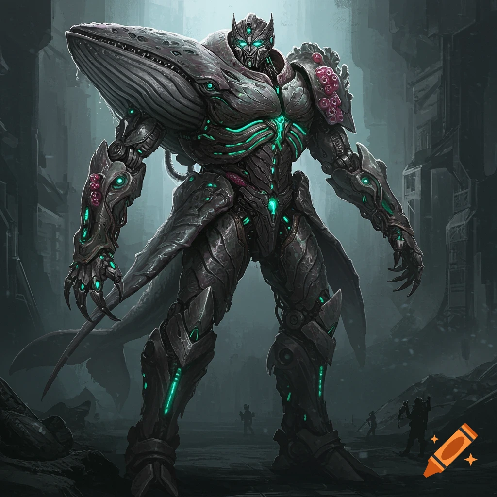 A giant biopunk robot with whale features and glowing green accents stands in a ruined city.