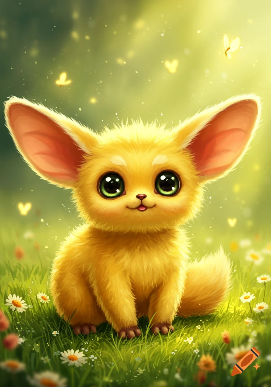 A yellow, fluffy, big-eared creature with large green eyes sits in a grassy field with small white flowers and glowing butterflies, in a whimsical cartoon style.