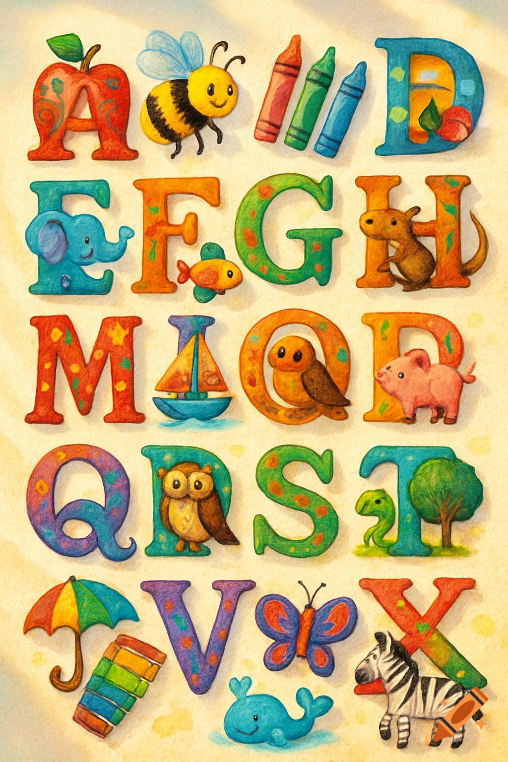 Colorful illustrated alphabet letters with associated objects and animals on a textured background.