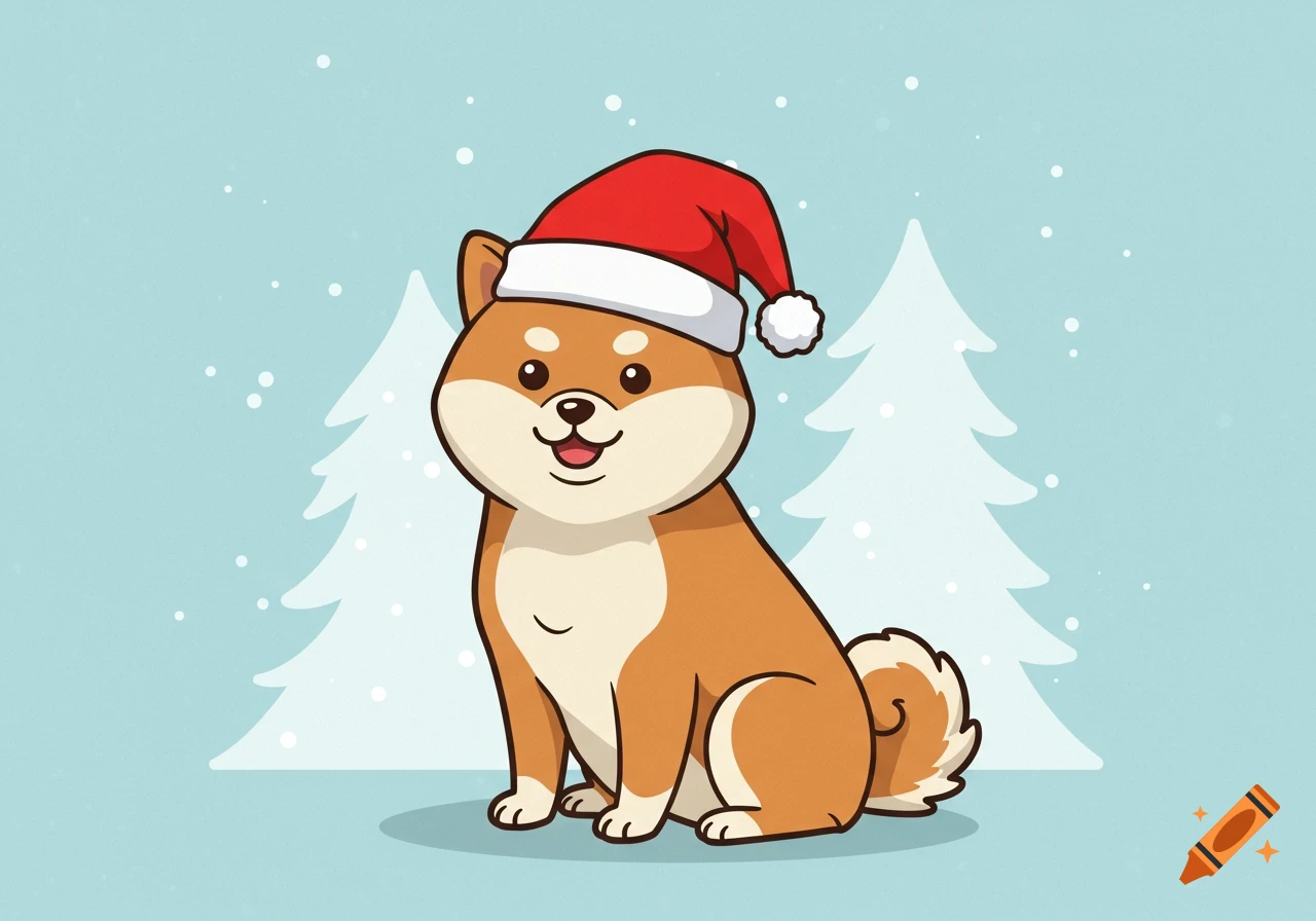 A cute cartoon Shiba Inu wearing a red Santa hat, sitting in a snowy scene with pine trees.