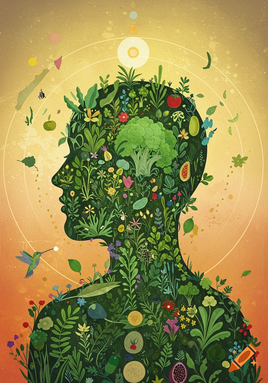 Stylized illustration of a human head silhouette filled with lush green plants, flowers, fruits, and vegetables on a warm, luminous background.