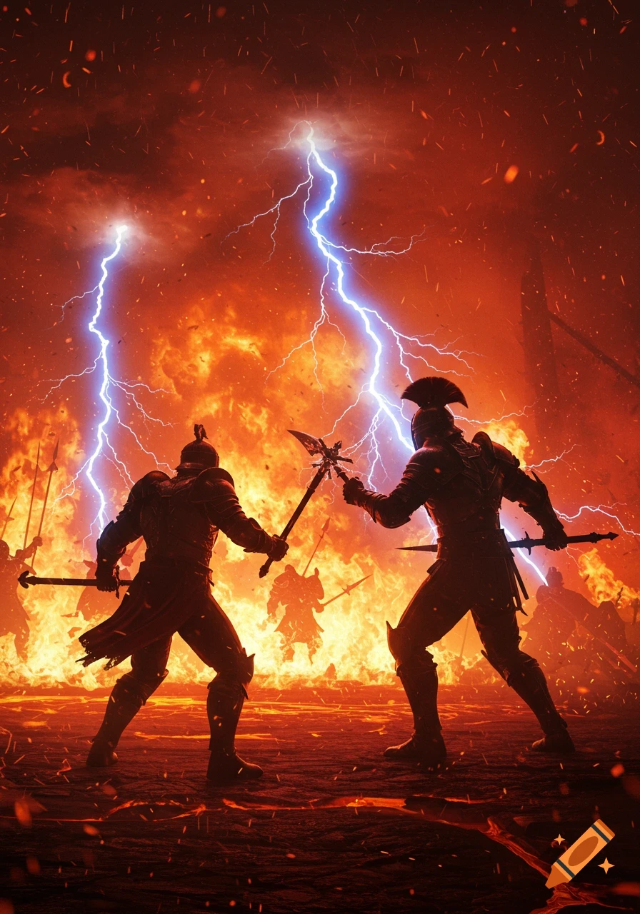 Two armored warriors battle in a fiery landscape under lightning strikes, with more warriors in the background.