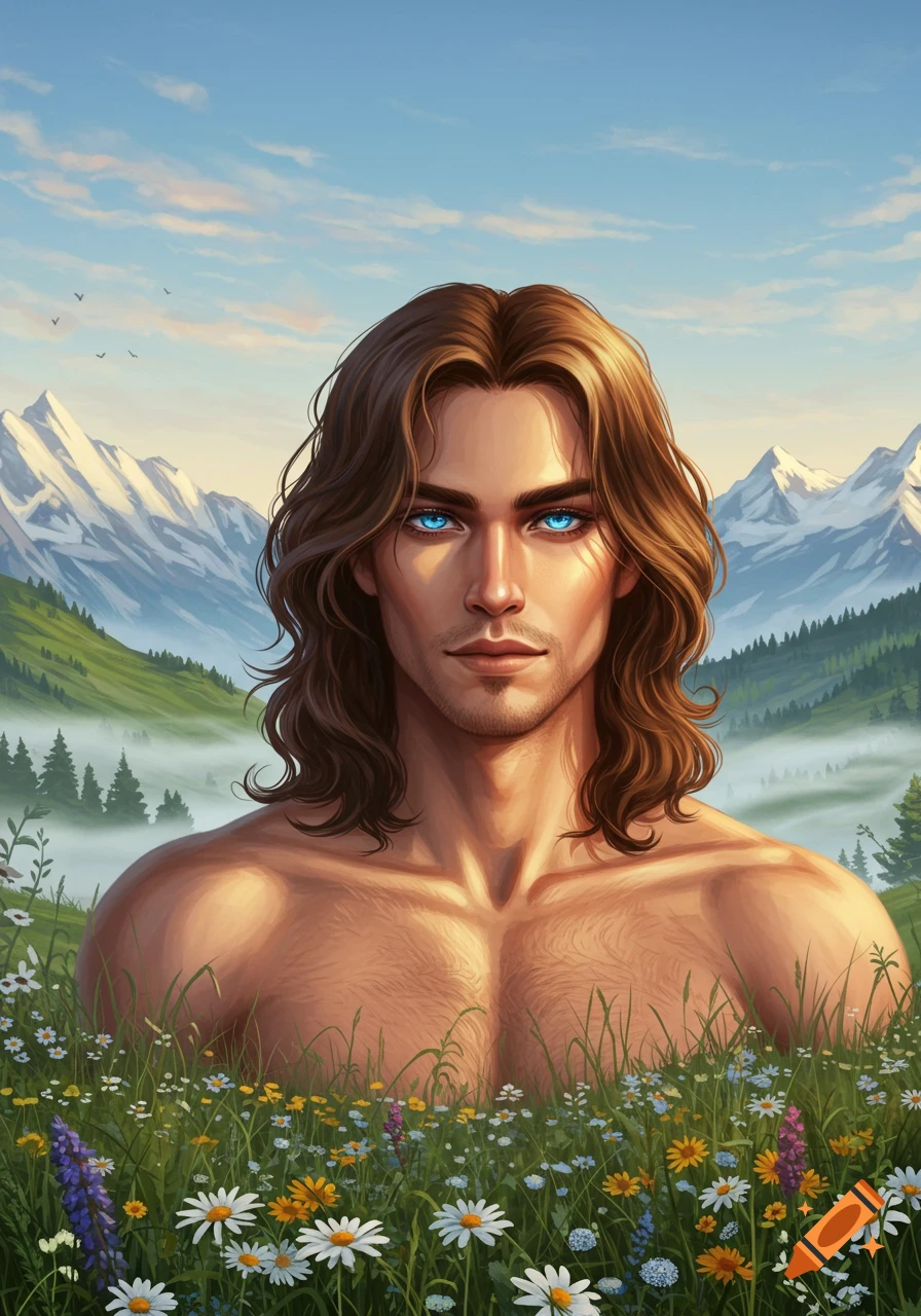 A handsome man with long brown hair and piercing blue eyes, shirtless, emerges from a field of wildflowers in a mountain landscape, digital painting.