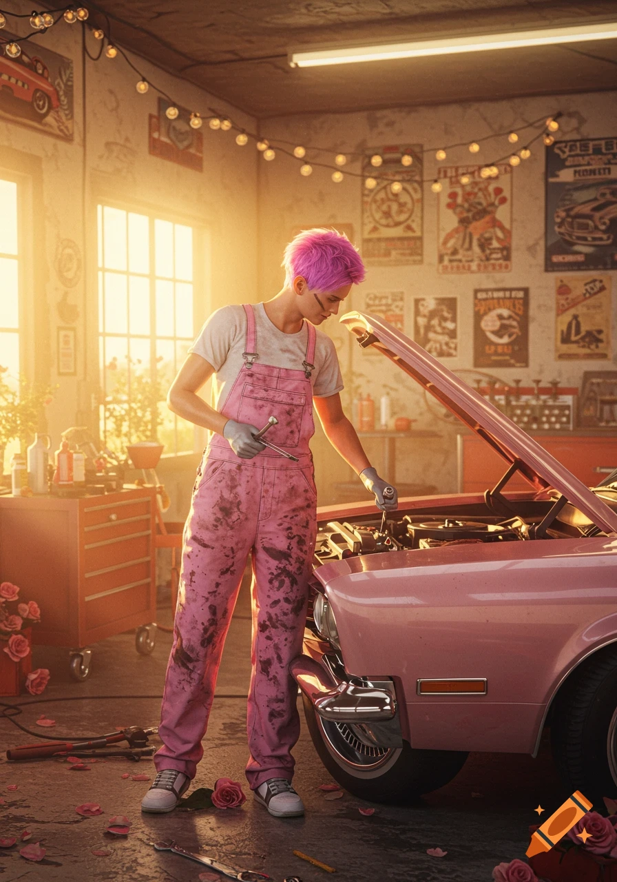 A person with pink hair and pink overalls works on a pink car in a sunlit garage decorated with string lights and scattered roses.
