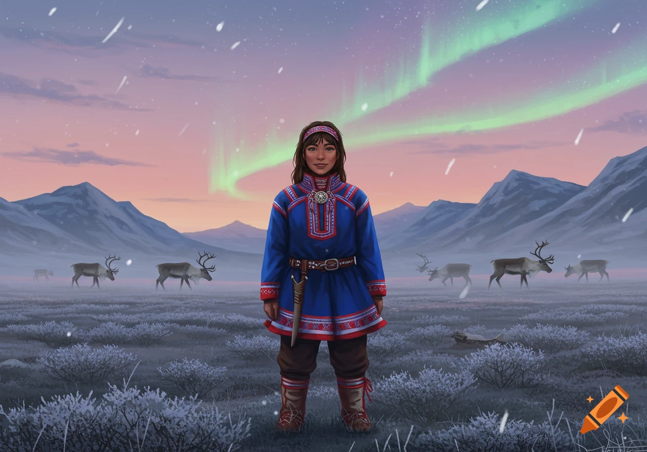 A young Sami person in traditional blue and red clothing stands in a snowy field with reindeer and mountains under the aurora borealis.