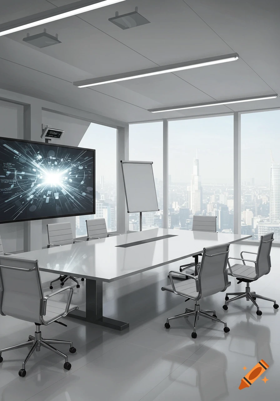 Modern conference room with a large screen displaying abstract data, a long white table, and grey chairs, overlooking a city skyline.