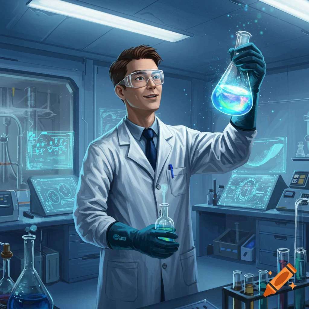 A male scientist in a lab coat and safety goggles holds a glowing, colorful flask in a high-tech laboratory.