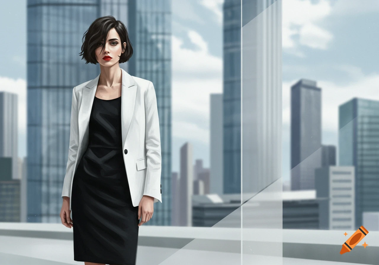An illustration of a short-haired woman in a white blazer and black dress, standing in front of a city skyline.