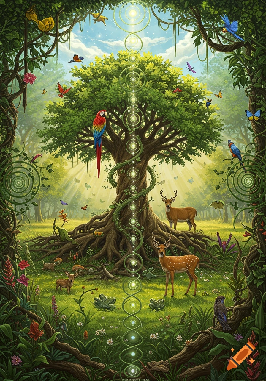 A lush, vibrant jungle scene with a large tree, deer, birds, and butterflies, featuring mystical glowing energy patterns.