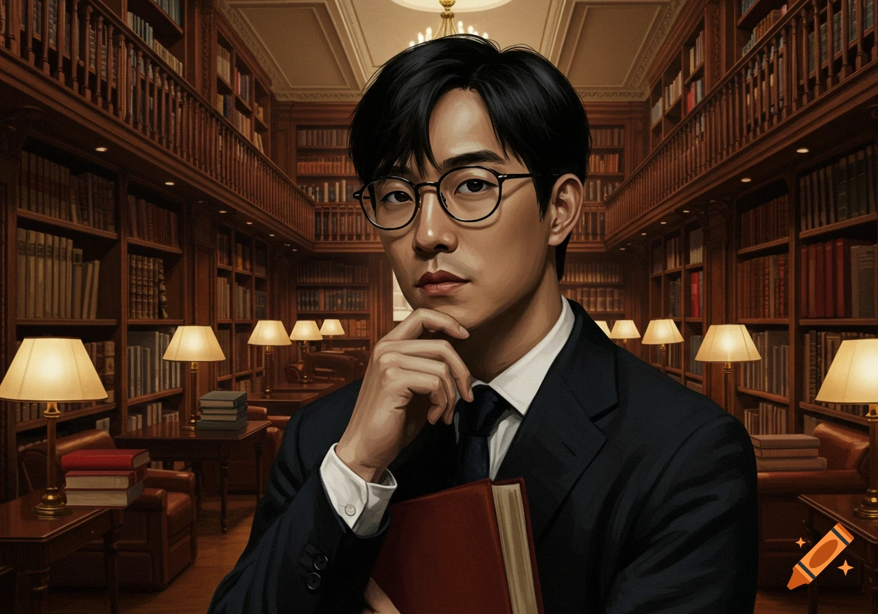 Portrait of a man with glasses in a suit, holding a book in a grand library.