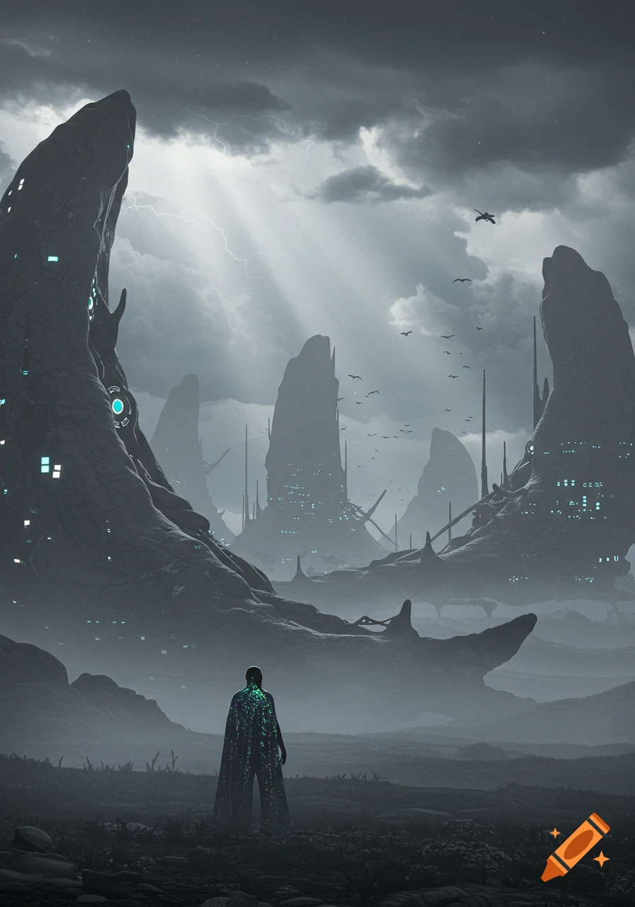 A cloaked figure stands in a dark, misty sci-fi landscape with glowing, surreal rock formations under a stormy sky.