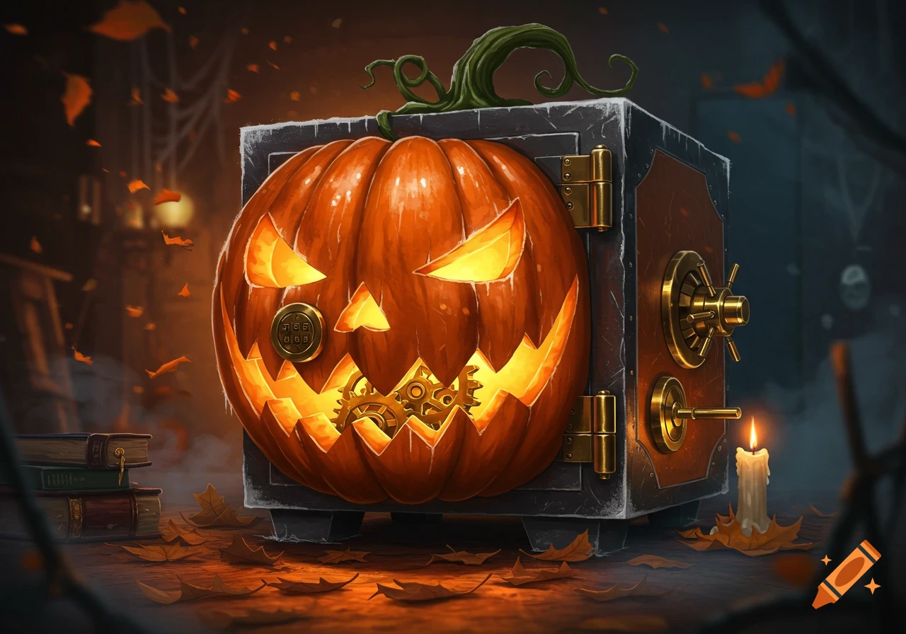 A stylized jack-o'-lantern fused with a steampunk safe, glowing in a dimly lit, autumn-themed room with scattered leaves.