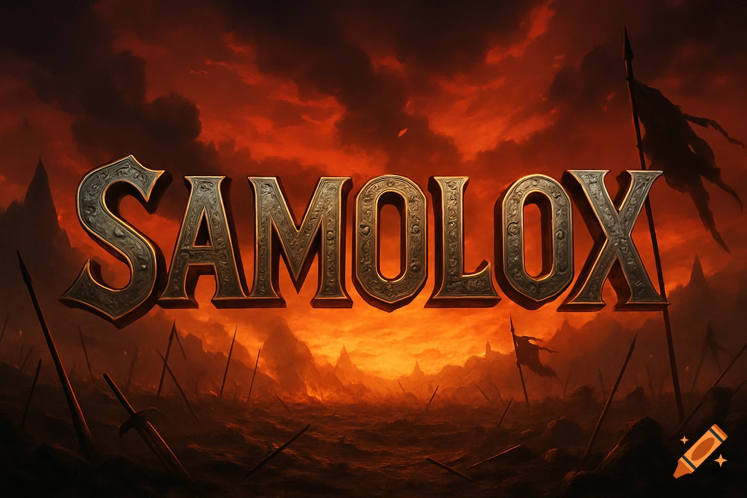Stylized metallic text "SAMOLOX" over a fiery, war-torn battlefield with spears and mountains, epic fantasy style.