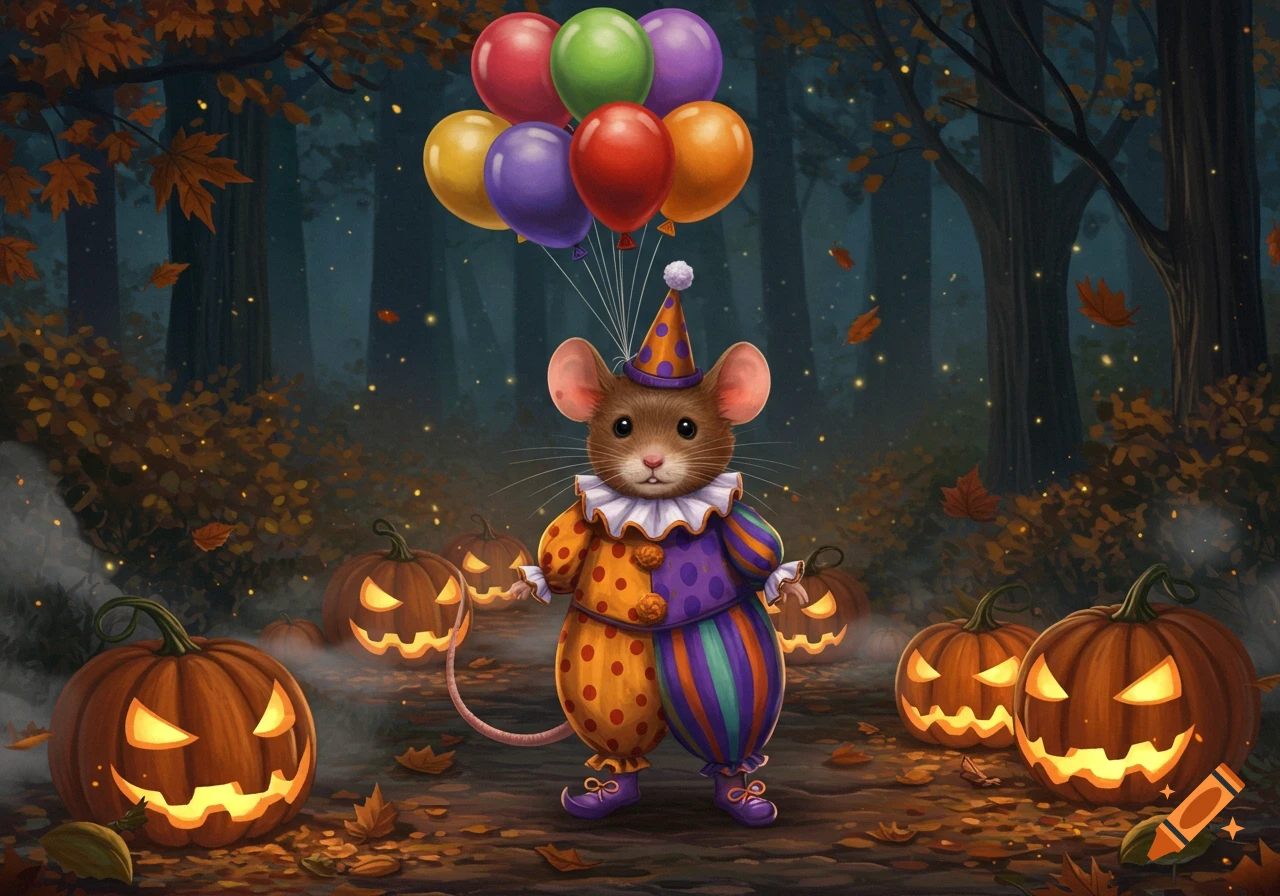 A cute mouse in a clown costume holds balloons, standing among glowing jack-o'-lanterns in a spooky autumn forest.