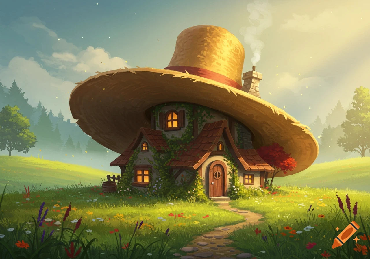 A whimsical house shaped like a straw hat, nestled in a vibrant green meadow with wildflowers under a sunny sky, in an illustration style.