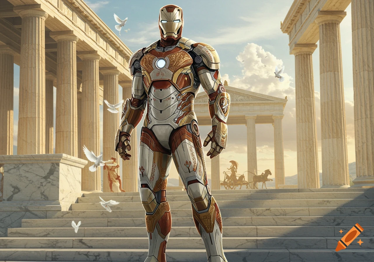 Iron Man in an ornate, Greek-inspired red and gold suit stands on steps before classical columns, with doves and a chariot in the background.
