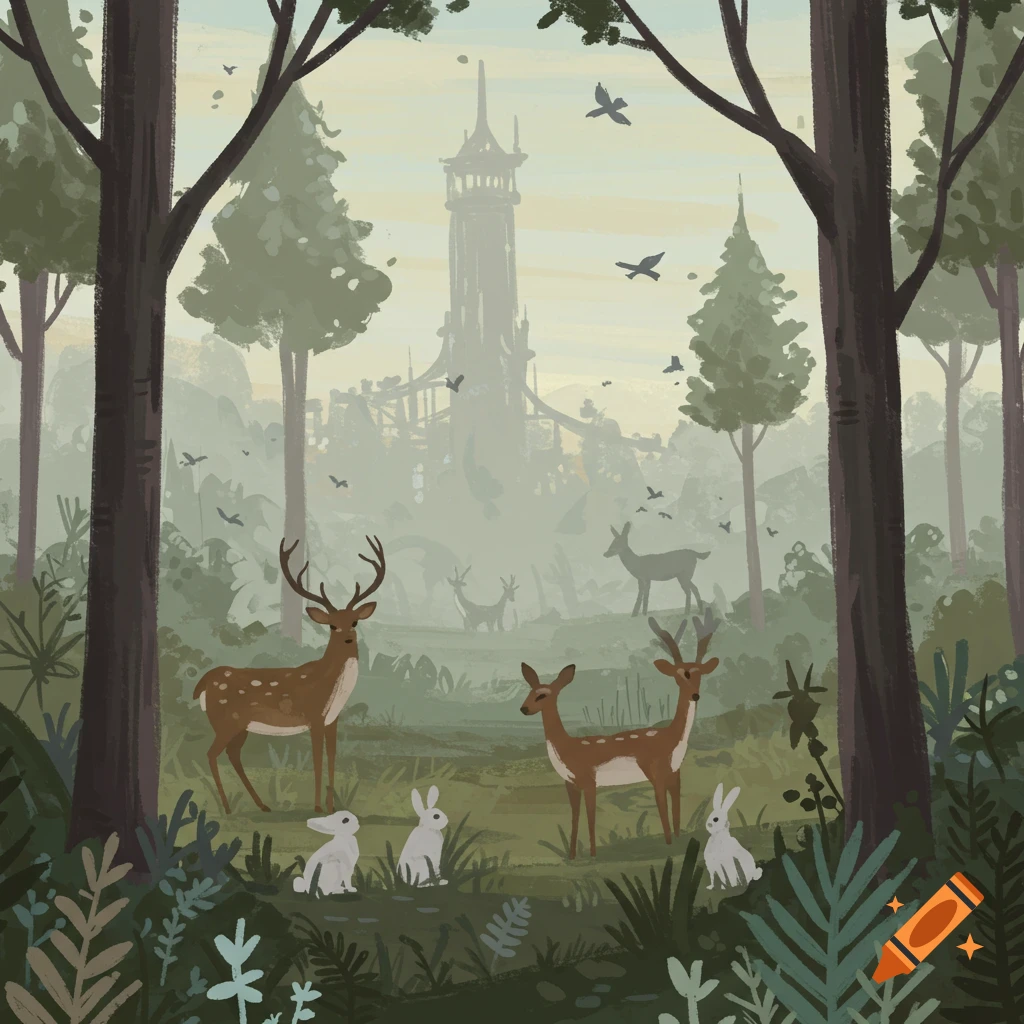 Stylized illustration of a misty forest with deer, rabbits, birds, and a distant tower.