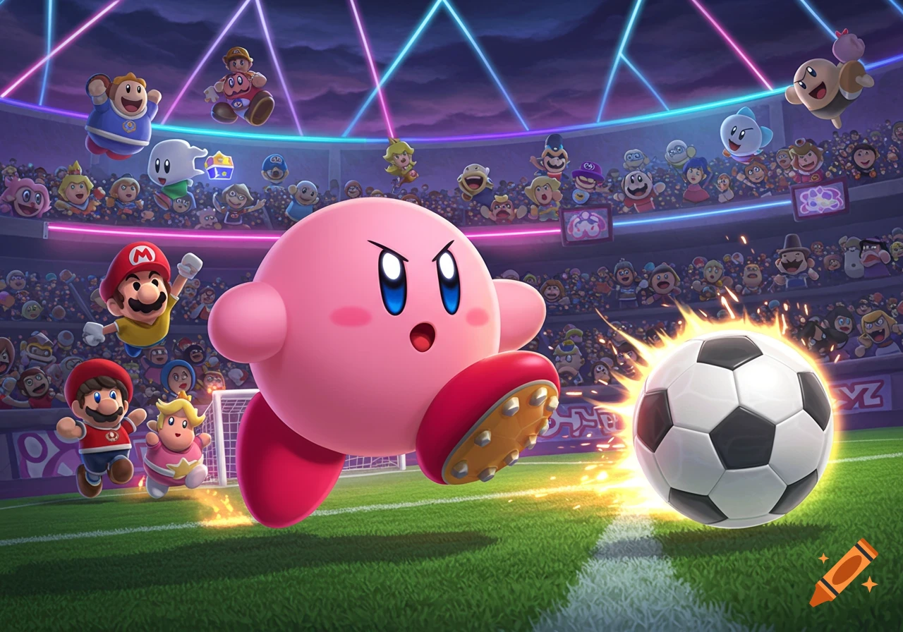 Kirby plays soccer in a stadium, kicking a ball with Mario characters and other Nintendo mascots cheering in the background.