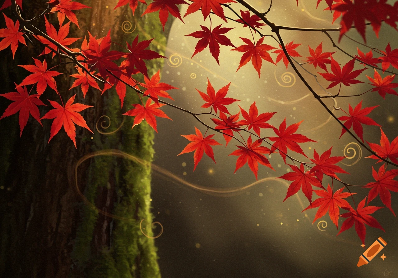 Vibrant red Japanese maple leaves on branches with a glowing, ethereal background and a mossy tree trunk.