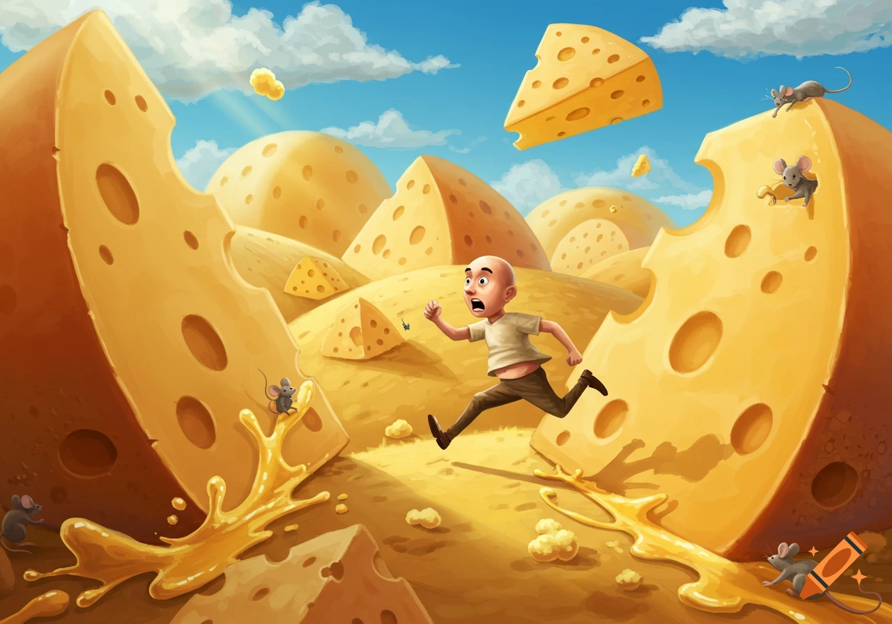 A cartoon bald man runs through a whimsical landscape of giant cheese, pursued by tiny mice under a blue sky.