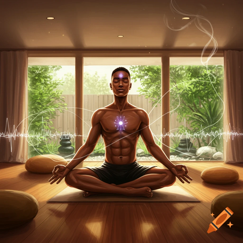 A man meditates shirtless in a lotus position in a sunlit room with glowing symbols and energy lines, overlooking a zen garden.