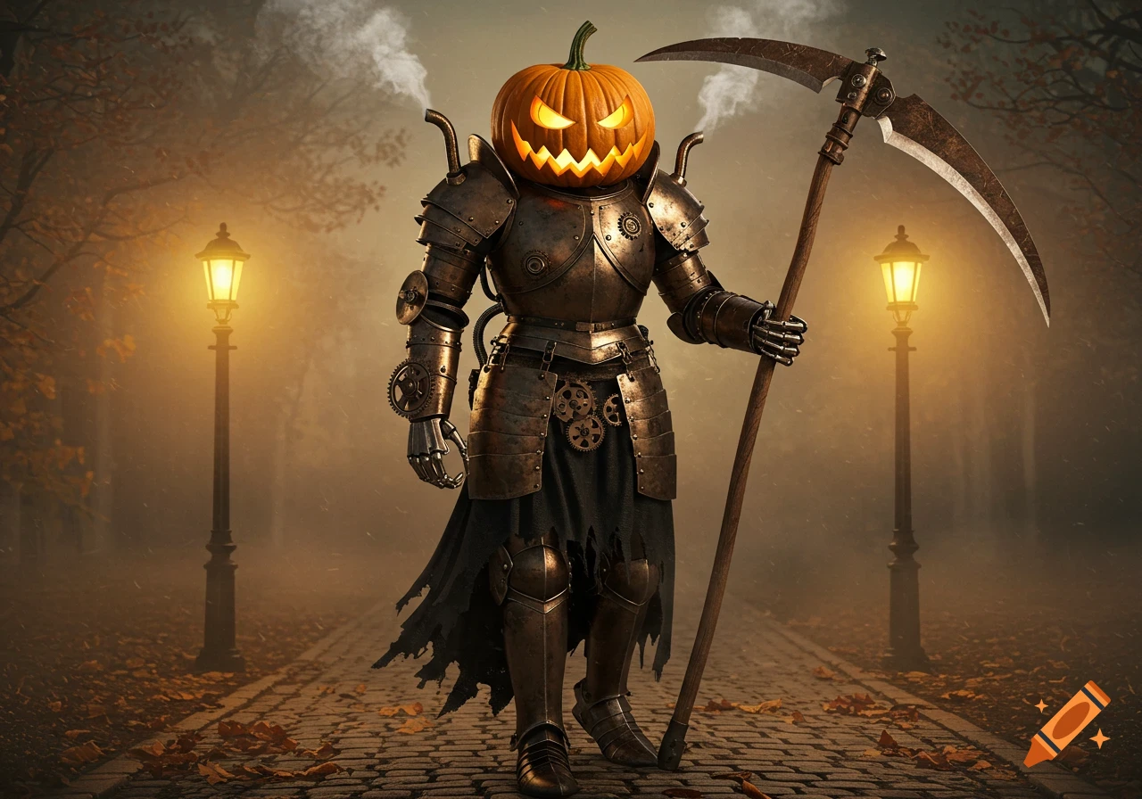 A pumpkin-headed figure in steampunk knight armor holding a scythe, standing on a cobblestone path in a misty autumn forest.