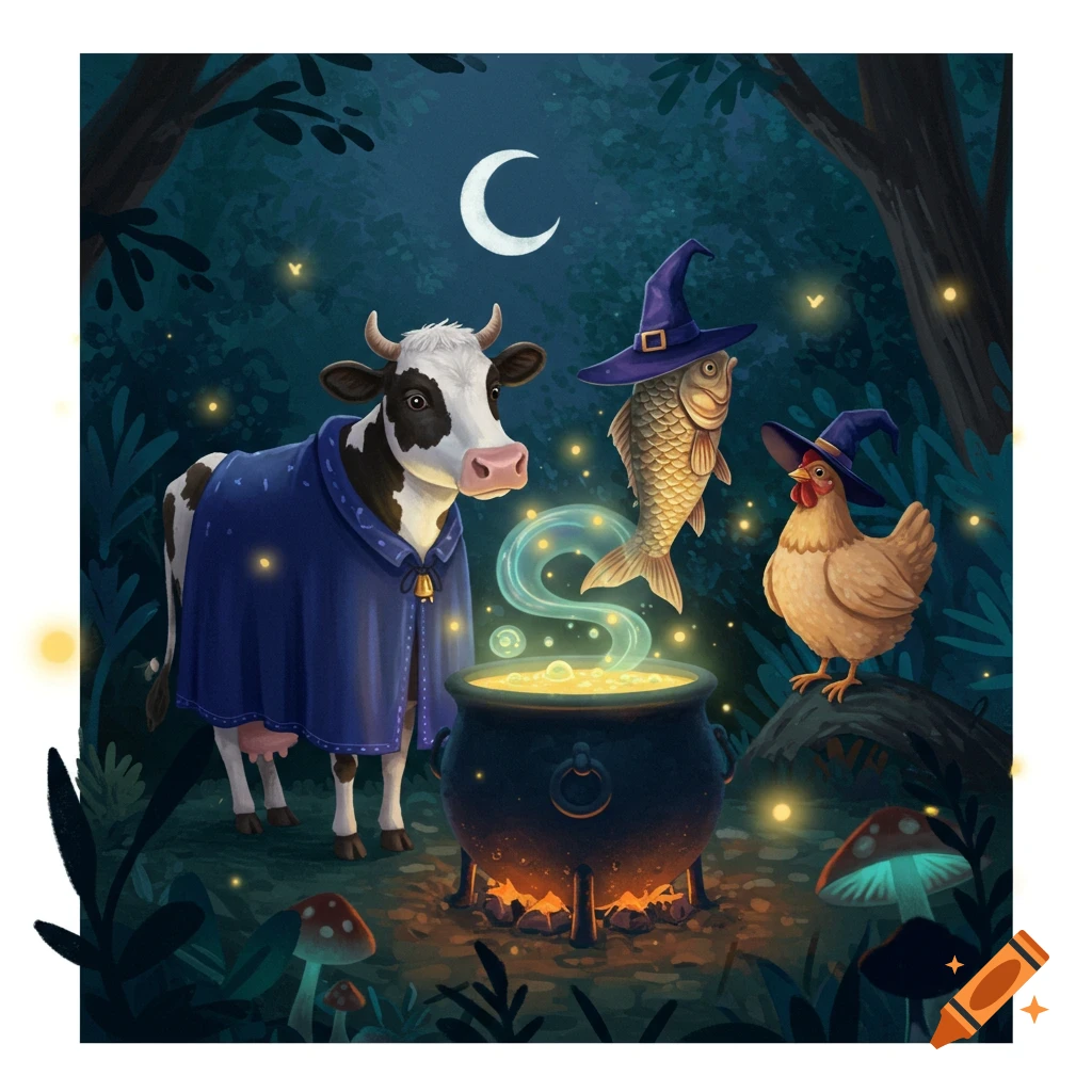 A cartoon cow in a blue cloak, a fish, and a chicken in witch hats gather around a bubbling cauldron in a dark, magical forest.