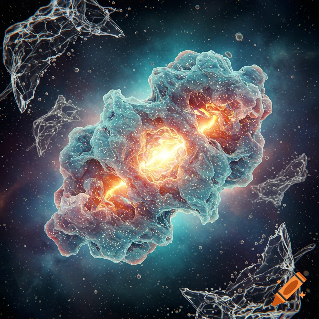 A glowing, complex, teal and orange molecular structure floats in a dark, star-speckled space with translucent, web-like forms.
