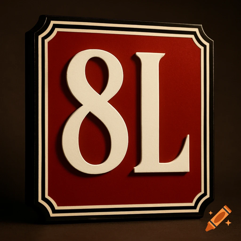 A square red sign with white text '8L' and a black and white border, seen at an angle.