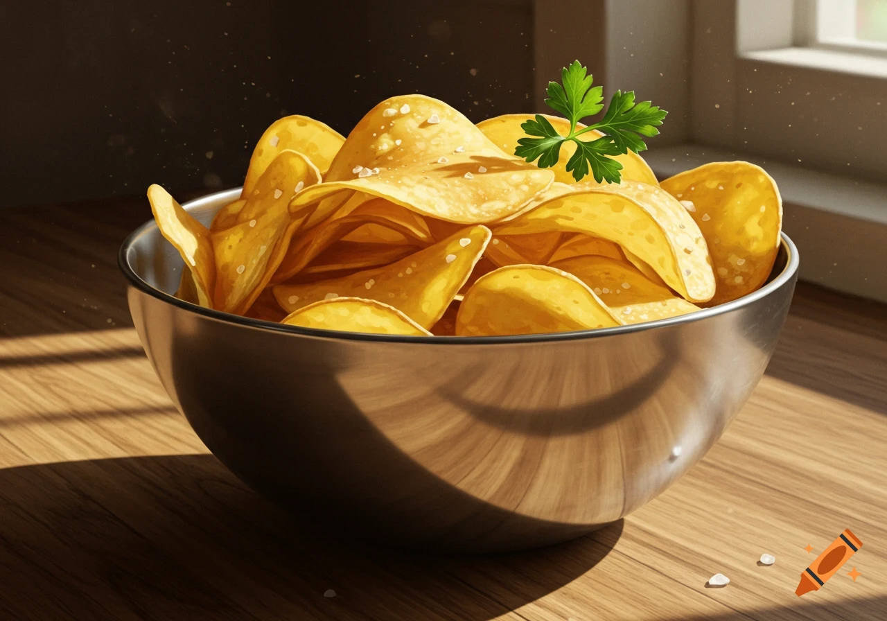 A photorealistic bowl of golden potato chips topped with a parsley sprig, resting on a wooden table near a sunlit window.