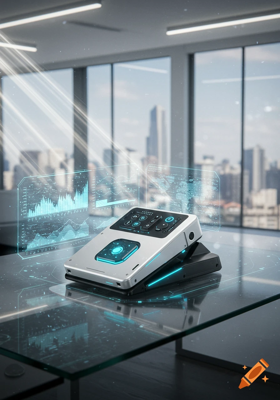 A photorealistic image of a futuristic device with blue lights and holographic data displays on a glass table in a modern office with a city view.
