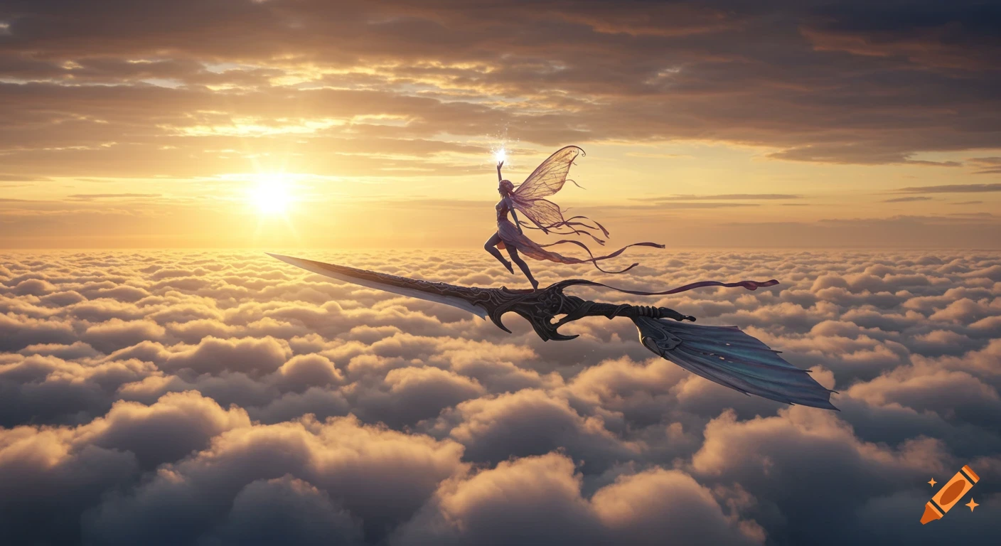 A celestial fairy on a flying sword soars above a golden cloudscape at sunrise, with flowing ribbons, hyper-realistic.