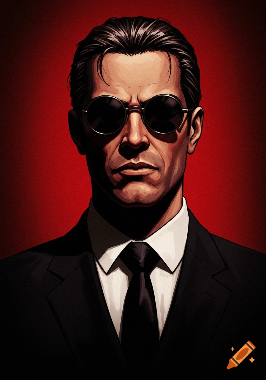 A dramatic digital painting of a man in a suit and round sunglasses against a deep red background.