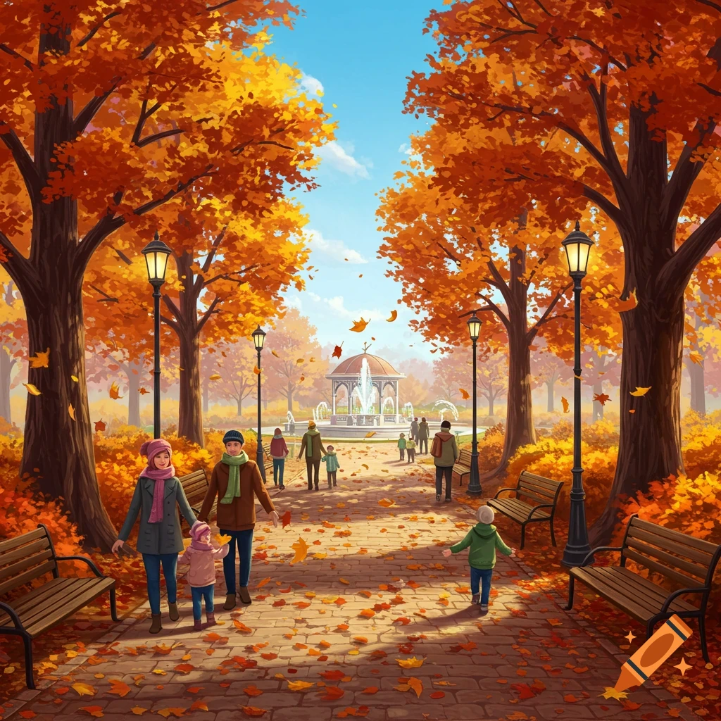 Vibrant illustrated autumn park scene with people strolling on a path among orange-leafed trees and falling leaves, a fountain in the distance.