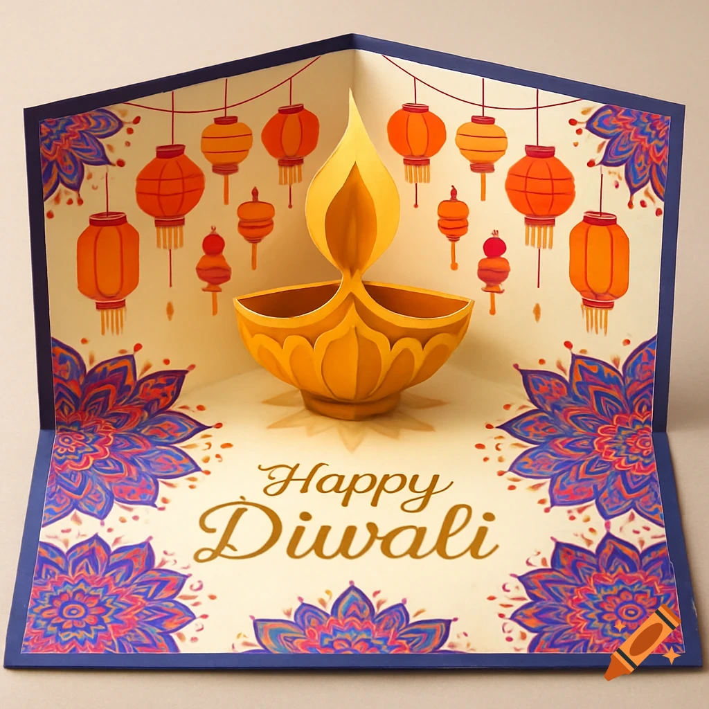 An open pop-out Diwali greeting card featuring a golden diya, orange lanterns, and vibrant blue and pink floral patterns. The card reads "Happy Diwali".