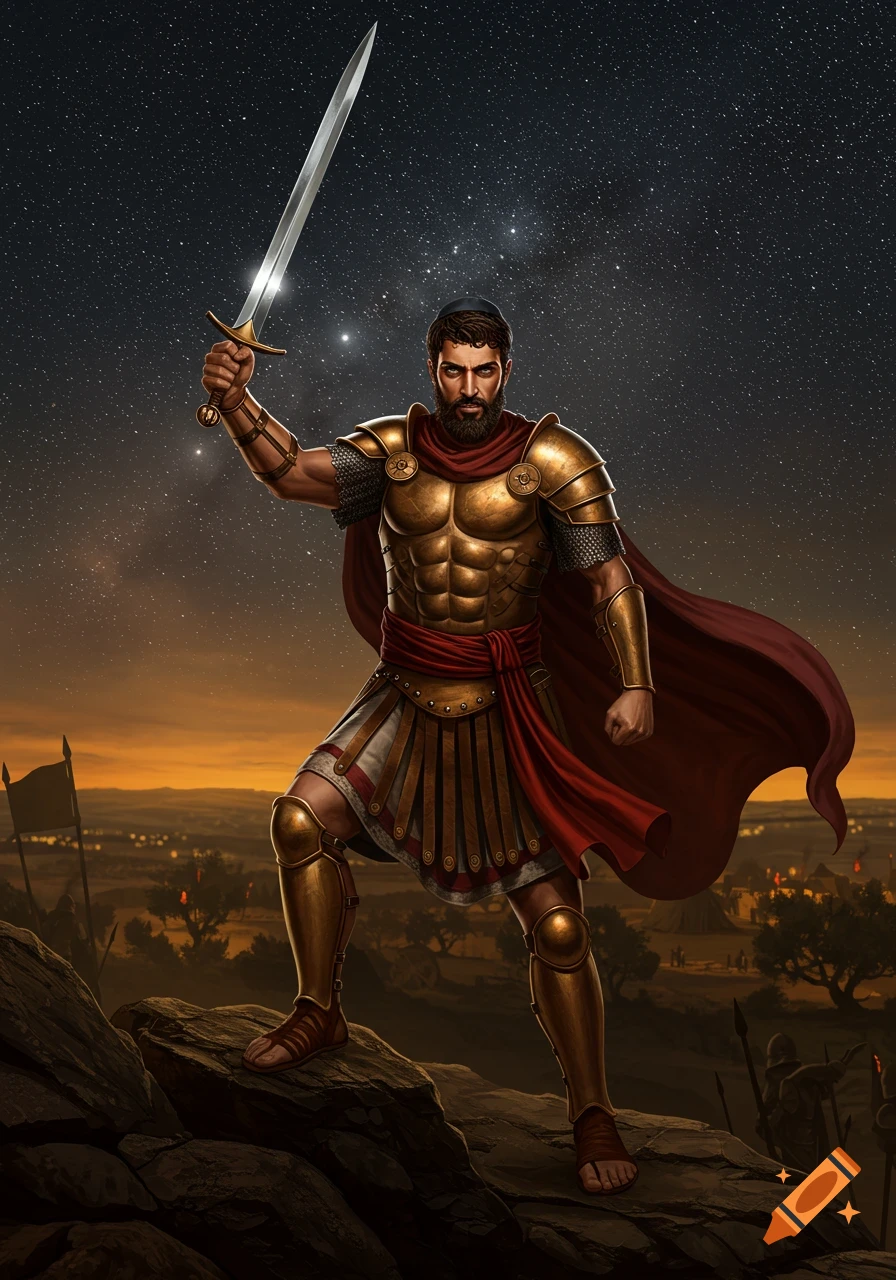 Bearded warrior in golden armor and red cape holds a sword aloft on a rocky hill under a starry sky at sunset, overlooking a distant camp.
