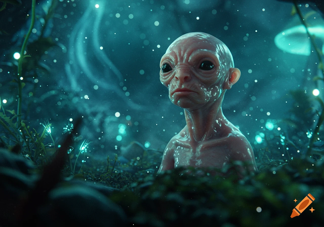 A pale, hairless, creature with large black eyes and a solemn expression rises from glowing green plants in a dark, bioluminescent blue setting.