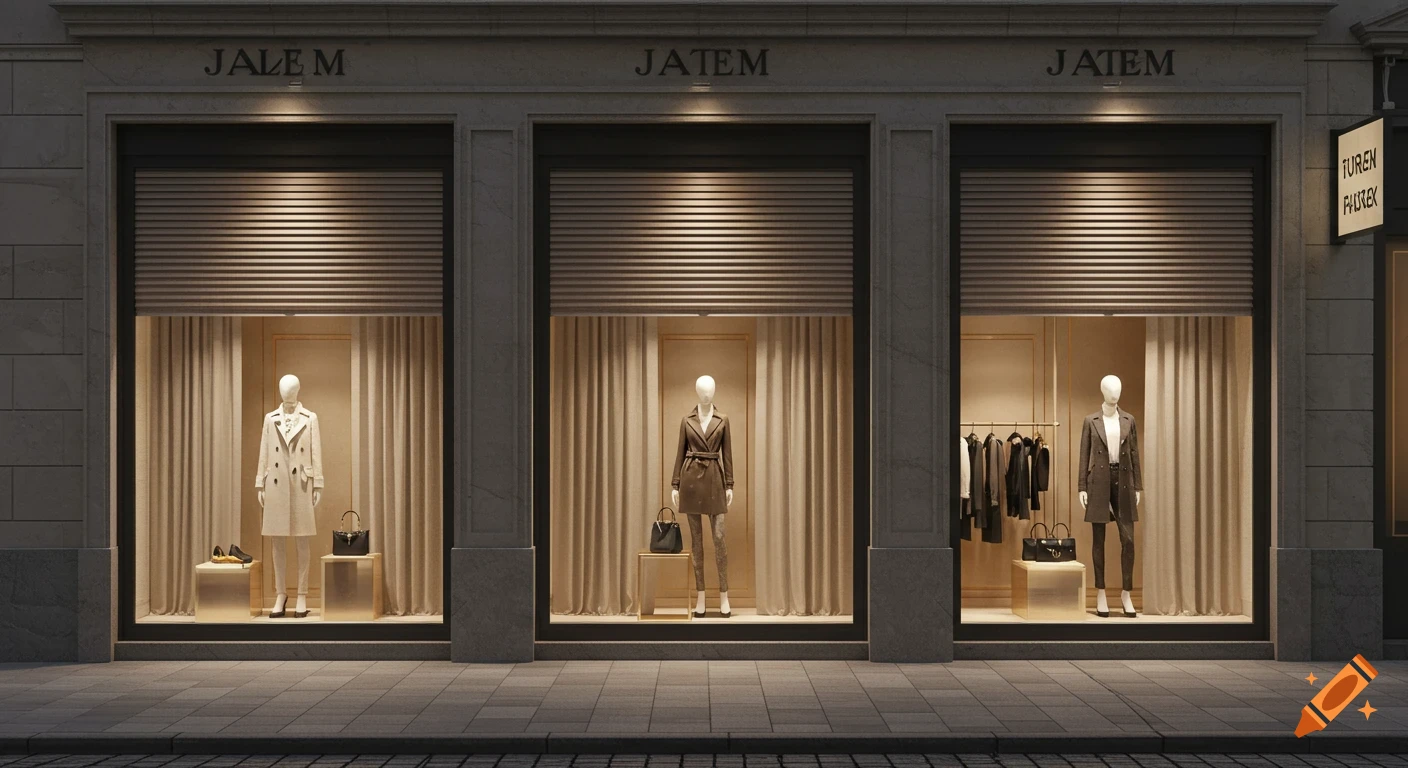 A photorealistic image of a modern boutique storefront with three display windows, each featuring mannequins dressed in fashionable clothes and accessories.